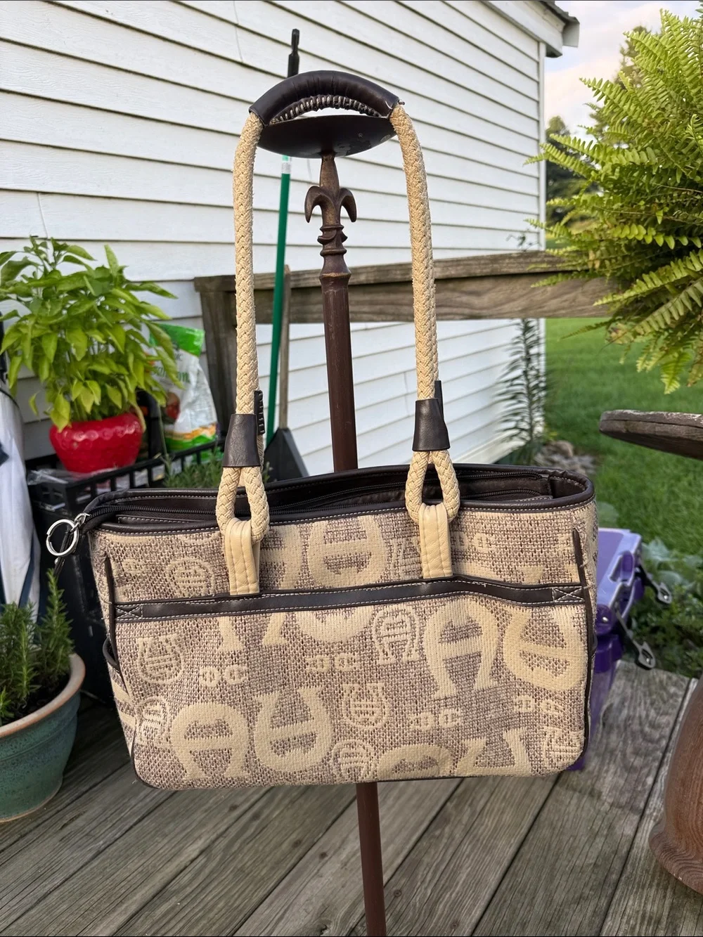 Etienne Aigner Beige Patterned Shoulder Bag with Brown Trim vintage vibes